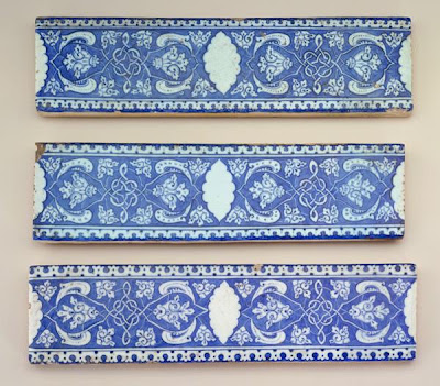 Tiles | Origin:  Turkey | Period: circa 1525  Ottoman period | Details:  During the height of Ottoman power in the sixteenth century, the ruling elite sponsored the construction of numerous monumental complexes throughout the empire, which provided fresh impetus for tile production. These three rectangular tiles are among the earliest examples associated with the city of Iznik, the most important center for Ottoman ceramic manufacture. Notable for their delicate blue and white palette and elegant design, the tiles, much like early Iznik vessels, integrate Chinese and Ottoman decorative elements into the overall design. Similar tiles can still be seen in the mausoleum of Prince Mahmud, the son of the Ottoman ruler Beyazid II (reigned 1481-1512), built in Bursa shortly after Mahmud's execution in 1506. | Type: Composite body painted under glaze | Size: H: 36.5  W: 9.5  cm | Museum Code: F1980.181a-c | Photograph and description taken from Freer and the Sackler (Smithsonian) Museums.