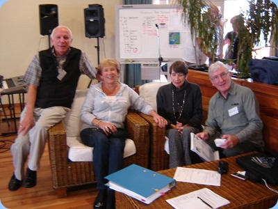 Relaxing in the Raglan Sunset Motel Conference Room. L to R: Rob Powell, Jan Johnston, Colleen Kerr, Gordon Sutherland. Photo courtesy of Delyse Whorwood.