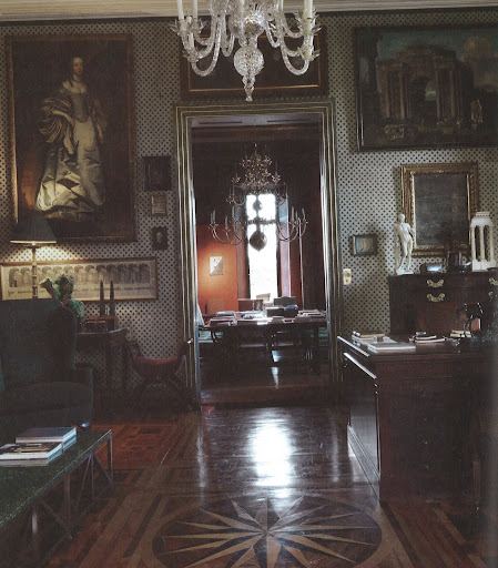 Artworks in Vervoodt's study include a portrait of a lady attributed to Peter Lely and a Roman School painting circa 1680, Porta de Cesare. The mahogany partners' desk is Eighteenth-century English. (Dealer's Choice, Architecture/Interiors Press, Inc.)