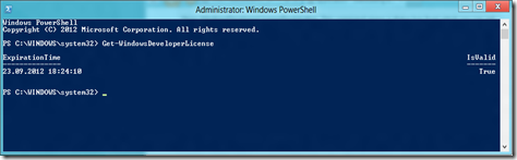 PowerShell: Get-WindowsDeveloperLicense showing the validity and expiration of the current developer license