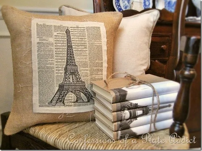 CONFESSIONS OF A PLATE ADDICT Linen and Burlap Vintage Eiffel Tower Pillow