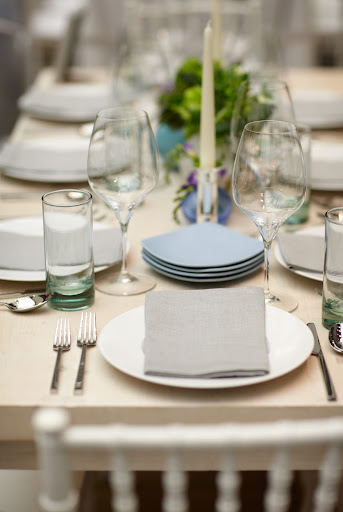 Riedel Vitis Riesling and Cabernet Wine Glasses, Philippe Deshoulieres White Plates, and Martha Stewart Collection with Wedgwood Chorale Flatware Collection were used.