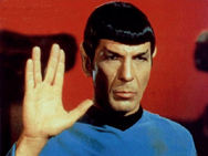 c0 Spock (Leonard Nimoy) gives the Live Long and Prosper sign.