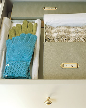 Organize your personal gloves and scarves in drawers or storeage boxes so they are out of the way when guests arrive, that way your belongings won't get mixed in with theirs.