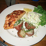 Grilled salmon, coleslaw and potatoes in San Francisco at Fish Market Restaurant on Pier 39