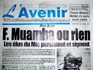 La une du journal L'avenir, ce 20/04/2011 à Kinshasa. Radio Photo/Ph.
