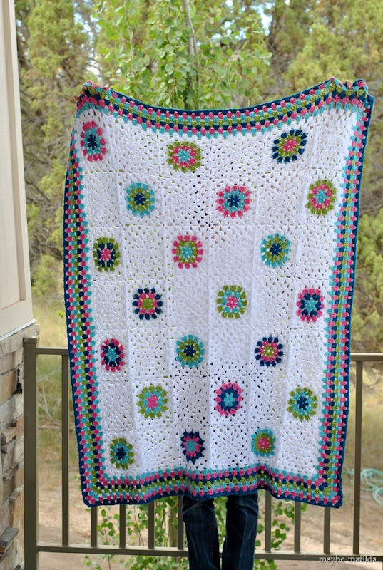 Blue, pink, and green granny square blanket // www.maybematilda.com