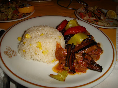 Day 6 : Cappadocia; we tasted some great Turkish food;  here is the wonderful eggplant, vegetables and meat stew, served with rice.