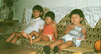 Nancy, cousin Yuki, and little Iris with her watermelon head
