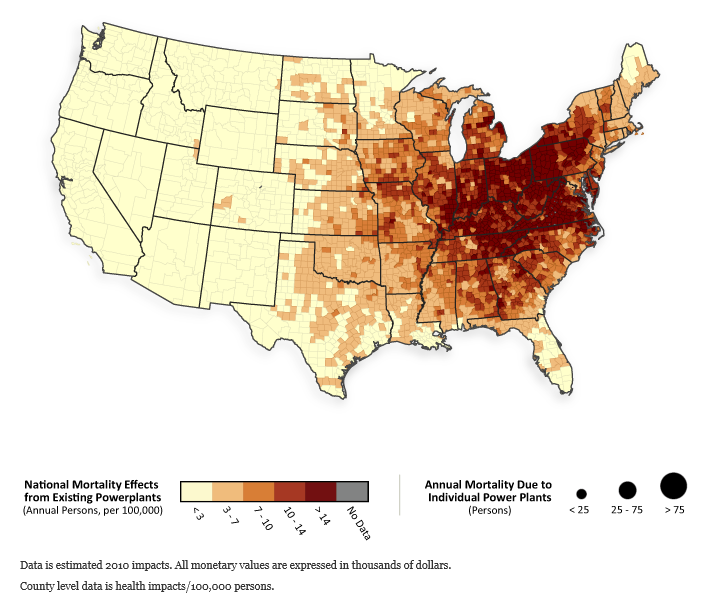National mortality effects from existing U.S. coal power plants, 2010. Graphic: Clean Air Task Force