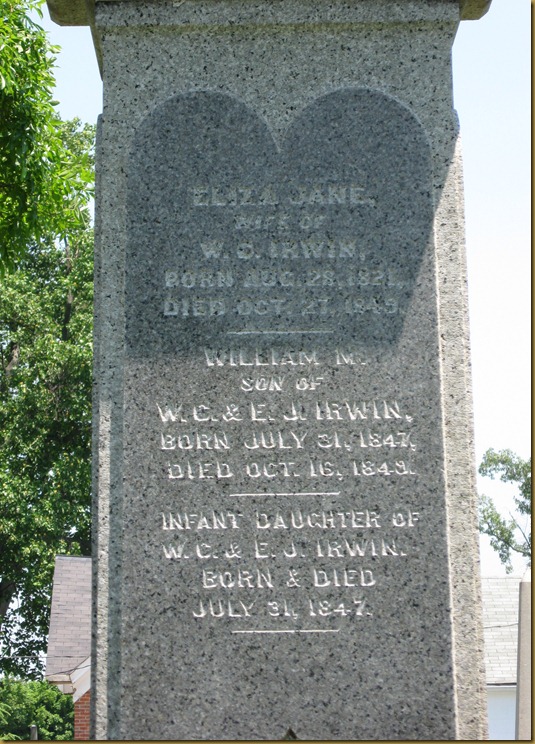 Eliza Jane (Baxter) wife of William Cox Irwin - William M. son of William Cox Irwin and Eliza Jane Irwin - Infant Daughter of William Cox and Eliza Jane Irwin Eliza Jane (Baxter) wife of William Cox Irwin - William M. son of William Cox Irwin and Eliza Jane Irwin - Infant Daughter of William Cox and Eliza Jane Irwin