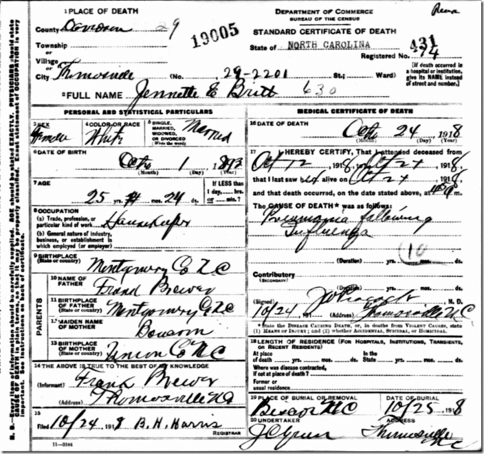 Ancestry.com copy, death certificate for Jennette E Britt