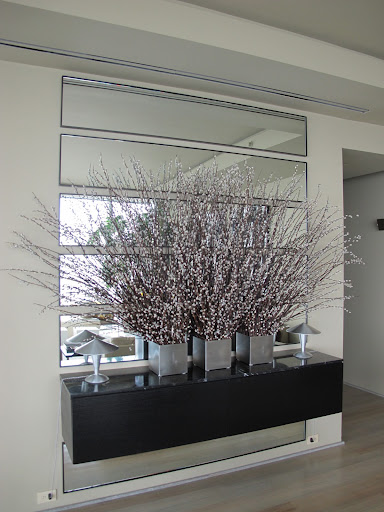 A trio of arranged pussywillows in my livingroom.