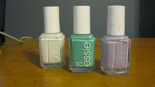 Pick out three colors (I used polishes by Essie: Blanc, Turquoise & Caicos, and Lilacism).