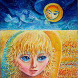 SPRZEDANY: Aniołek na słonecznej łące - Mantykora. Akryl na płótnie; wymiary: 35x40cm