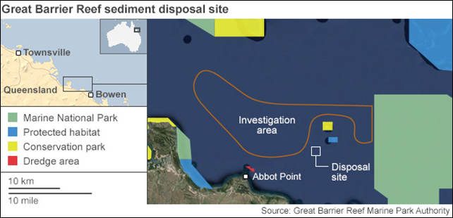 Great Barrier Reef sediment disposal site. Australian authorities have approved a project to dump dredged sediment in the Great Barrier Reef marine park as part of a project to create one of the world's biggest coal ports. Graphic: Great Barrier Reef Marine Park Authority