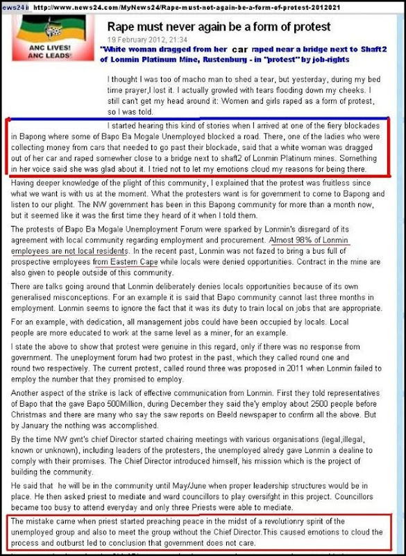 BLACK RACIST JOB RIGHTS PROTESTORS RAPE WHITE WOMAN IN PROTEST LONMIN PLATINUM MINE RUSTENBURG FEB 19 2012 BLACK RACIST JOB RIGHTS PROTESTORS RAPE WHITE WOMAN IN PROTEST LONMIN PLATINUM MINE RUSTENBURG FEB 19 2012