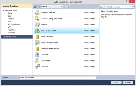 Add New Item wizard for LINQ to SQL Class file 2