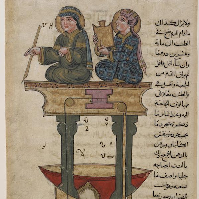 Folio from an Automata by al-Jazari; recto: the basin of the two scribes; verso: text | Origin: Syria | Period: 1315 | Details: One of the earliest and most fascinating illustrated manuscripts from the Arab world is the so-called Automata by al-Jaziri. The text is devoted to the construction of fifty mechanical devices, including different types of clocks, fountains, and containers for liquids. While the compositions are primarily intended to illustrate the mechanisms of these ingenious instruments, their vibrant colors and fine surface details enhance the pictorial interest of these early scientific manuscripts. The first chapter of the Automata discusses complicated hydraulic clocks and their various components. One such clock is adorned with a copper disc decorated with the signs of the zodiac. Each one encircles the sun and moon along its own orbit. At certain times of the day, the disc revolves and musicians play to announce the new hour. The Basin of the Scribes belongs to the chapter on pitchers, basins, and other vessels containing or measuring liquids. The device is intended to specify the exact amount of blood taken from a patient. According to al-Jaziri, two scribes are placed on a platform supported by columns. The pens of the scribes move according to the amount of blood gathered in the basin below. | Type: Opaque watercolor, ink and gold on paper | Size: H: 30.8 W: 19.7 cm | Museum Code: F1930.76 | Photograph and description taken from Freer and the Sackler (Smithsonian) Museums. 9df991ef23574429a93c99be0375636b.jpg