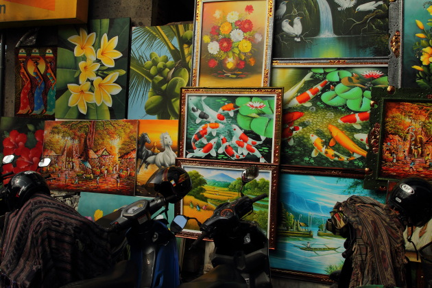 Paintings shop by the street at Sukowati Market, Bali, Indonesia