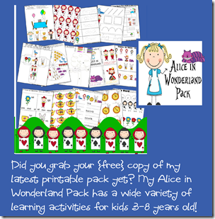 FREE printable Alice in Wonderland Pack Preschool Kindergarten