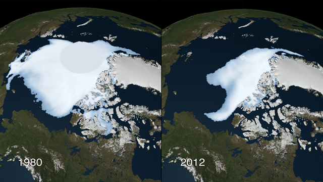 Satellite view of Arctic sea ice minimum in 1980 and 2012. Photo: NASA
