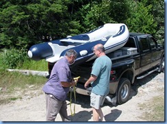 7216 Restoule Provincial Park - Peter and Bill launching Peter's inflatable rubber boat