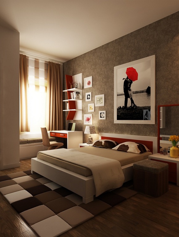 Dormitorio de color rojo cereza, blanco y marrón