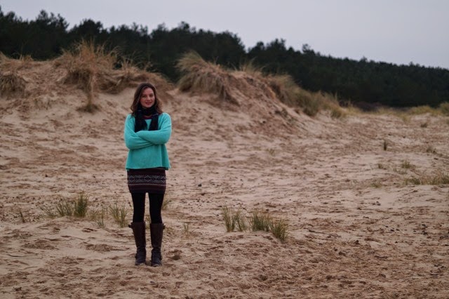 sweater weather mint pastel jumper aztec knitted skirt on a sandy beach