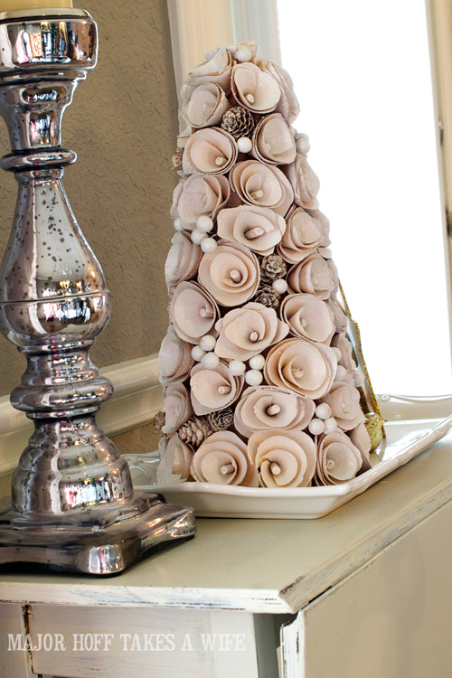 Mercury glass and rolled wooden christmas tree.A delightful Dining Room Holiday Tour. See how Mrs Major Hoff decorates for Christmas. The tour features table decorations, dining room decorating ideas, place settings and an idea for homemade Christmas gift that can be personalized for your holiday guests. This post is part of the Home For The Holidays Blog Tour. Mercury glass and rolled wooden christmas tree. A delightful Dining Room Holiday Tour. See how Mrs Major Hoff decorates for Christmas. The tour features table decorations, dining room decorating ideas, place settings and an idea for homemade Christmas gift that can be personalized for your holiday guests. This post is part of the Home For The Holidays Blog Tour.