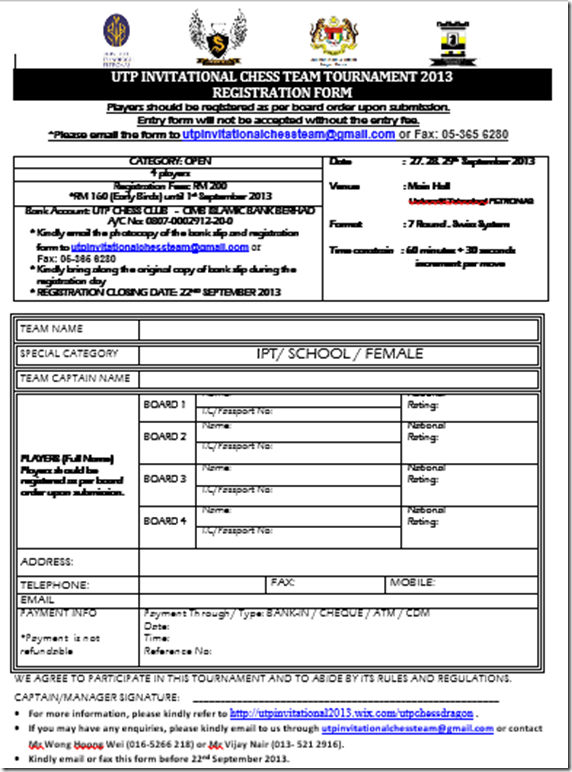 Registration Form UTP Team Chess Sept 2013
