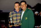 11 Apr 1999: Sergio Garcia and Jose Maria Olazabal of Spain celebrates winning their respective prizes after the 1999 US Masters at the Augusta National GC in Augusta, Georgia, USA. Mandatory Credit: Stephen Munday /Allsport