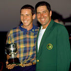 11 Apr 1999: Sergio Garcia and Jose Maria Olazabal of Spain celebrates winning their respective prizes after the 1999 US Masters at the Augusta National GC in Augusta, Georgia, USA. Mandatory Credit: Stephen Munday /Allsport