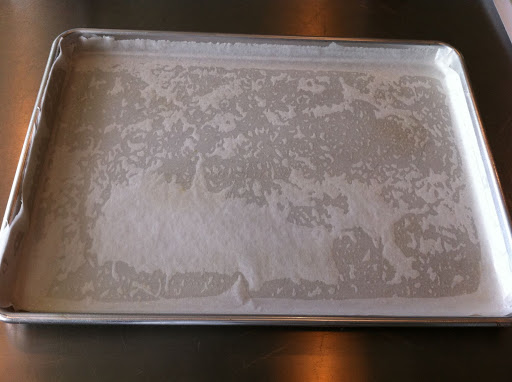 A greased pan, lined with parchment, with the parchment also greased.