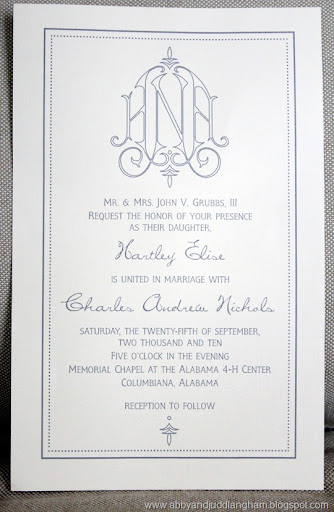 The Hartley wedding invitation features a custom monogram with gray font