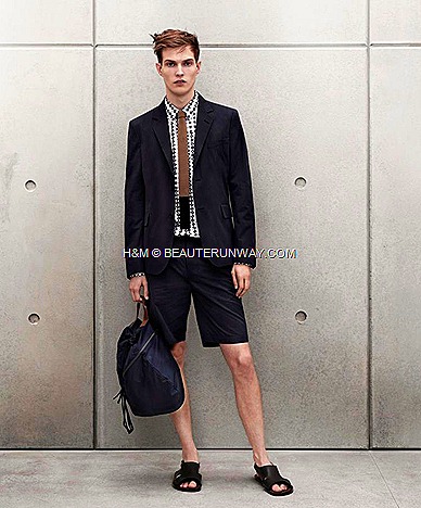 Marni H&M Mens Blazer,  Shirt, Tie, Tailored Shorts, Navy Blue Bag, Mens Black Leather Sandals