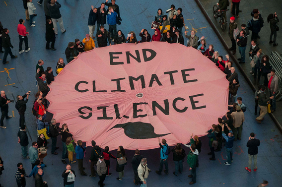 Activists protest climate silence in New York City before Hurricane Sandy makes landfall, 28 October 2012. 350.org