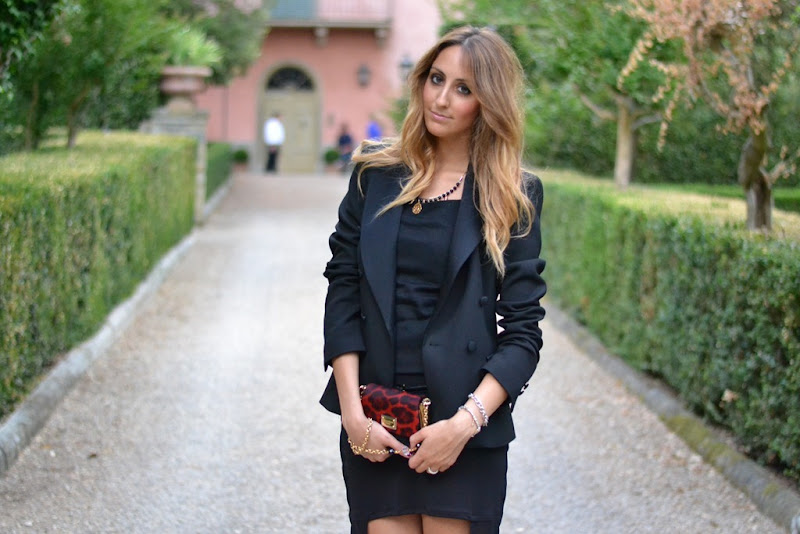 Dolce & Gabbana bag, Zara tuxedo blazer, Dolce & Gabbana jewels