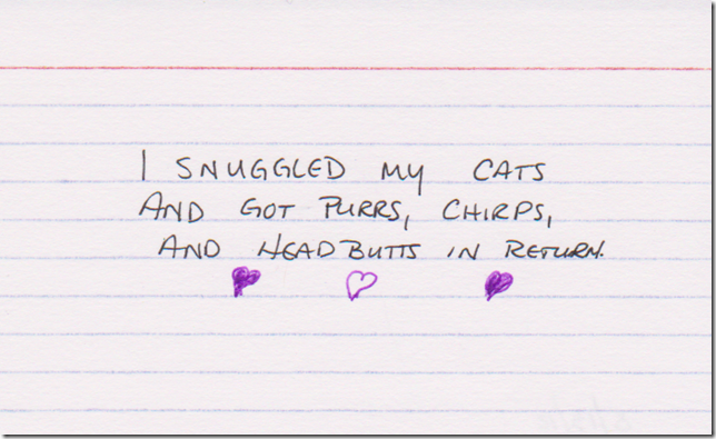 I snuggled my cats and got purrs, chirps, and headbutts in return. 3 purple hearts drawn below the text.
