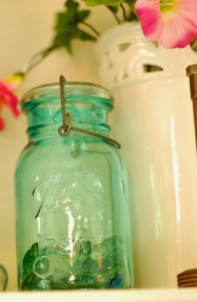 Spring blue aqua Ball jar mantle decoration.jpg Spring blue aqua Ball jar mantle decoration