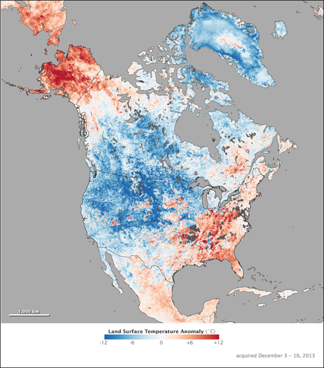 This map of land surface temperature anomalies for 3-10 December 2013, shows the sharp contrast between Alaska and the western U.S. Based on data from the Moderate Resolution Imaging Spectroradiometer (MODIS) on NASA’s Terra satellite, the map depicts 2013 temperatures compared to the 2001–2010 average for the same eight day period. Graphic: Jesse Allen / NASA Earth Observatory