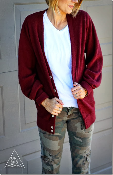 oxblood boyfriend cardigan, white v-neck and camo pants oxblood boyfriend cardigan, white v-neck and camo pants