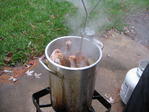 Once the bird is in the hot oil, turn the burner back on and adjust the heat. You want the oil to stay at 350.