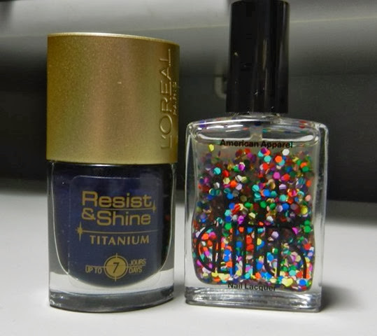 L'oreal Paris Resist & Shine "Navy Velvet #700" and American Apparel Glitter Nail Lacquer "Galaxy"