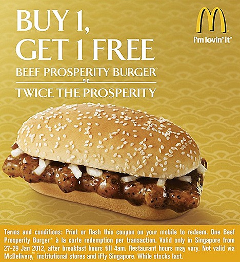 McDonalds Prosperity Beef Burger Buy 1 get 1 free flash coupon on mobile or print after breakfast hours