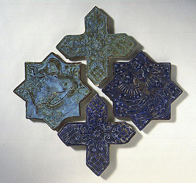 Star and cross tiles The Legacy of Genghis Khan: Courtly Art and Culture in Western Asia, 1256-1353 | Origin: Iran, probably Takht-i Sulaiman | Period: c. 1270-80 | Collection: Shinji Shumeikai Acquisition Fund (AC1996.115.1-.5) | Type: Ceramic; Architectural element, Fritware, overglaze painted with colors and gold (lajvardina), Height: 9 3/4 in. (24.8 cm)