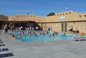 mid day volleyball at the upper pool at Catalina Spa and RV Resort Desert Hot Springs, CA