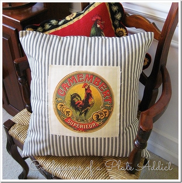 CONFESSIONS OF A PLATE ADDICT Ticking Pillow with Vintage French Cheese Label CONFESSIONS OF A PLATE ADDICT Ticking Pillow with Vintage French Cheese Label