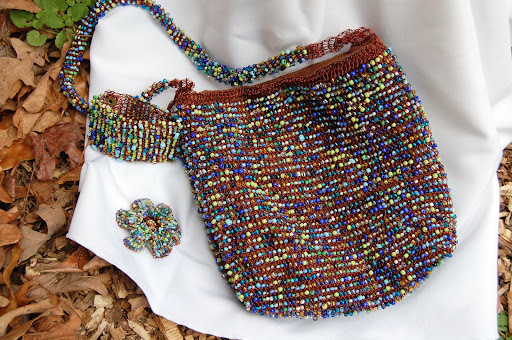 2 Pieces: Glass Beaded Bag & Brooch