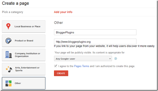 Creating Google Plus Brand Page - Pick Category